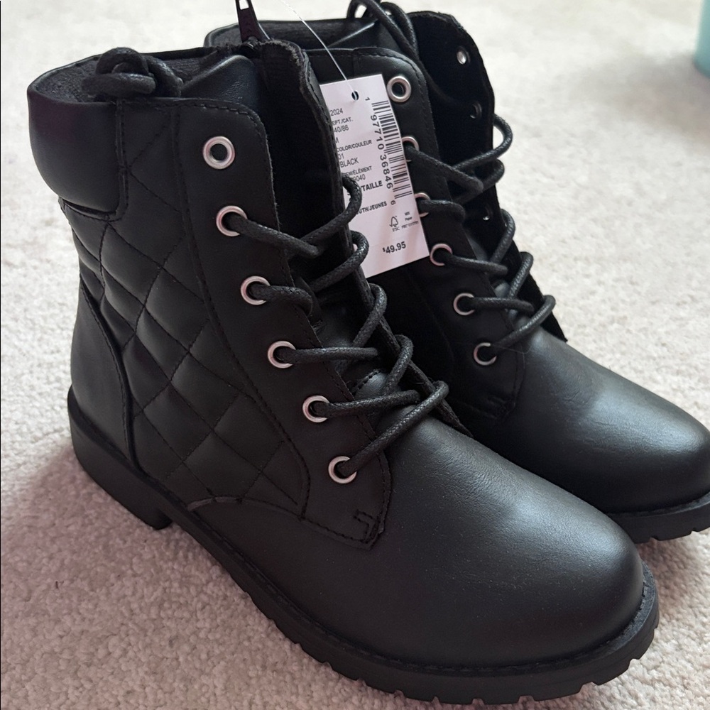 Kids Black Lace-Up Combat Boots - Youth Size 2